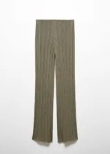 Pantalón de tejido de punto de canalé color verde oliva con lúrex, tiro alto, corte recto, cintura elástica y forro interior.