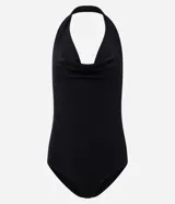 Body negro de poliéster y elastano, con frente única, escote drapeado y espalda descubierta.