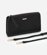 Cartera transversal pequeña de PU color negro, con cierre de cremallera y correa larga.