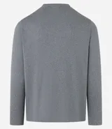 Remera deportiva gris para hombre, modelo comfort, confeccionada en tejido de poliéster con tecnología Dry que evapora el sudor y protección UV. Tiene cuello redondo y mangas largas.