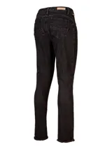 Pantalón de jean negro de tiro medio, corte skinny, con bolsillos delanteros con cierre y ruedo desflecado.