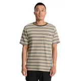 Remera de manga corta con cuello redondo y bolsillo en el pecho. Diseño a rayas horizontales en tonos beige, marrón y verde. Confeccionada en algodón orgánico con tejido jacquard.