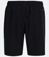 Bermuda deportiva negra sin estampado, con cintura elástica ajustable con cordón, y bolsillo lateral con cierre de cremallera contrastante.