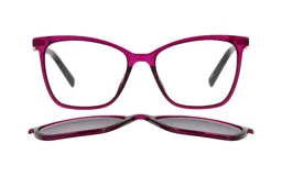 Armazón de anteojos INVU modelo Clip-On M4205C, color púrpura transparente, con lentes transparentes y clip-on de lentes de sol polarizadas.