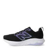 Championes de running New Balance modelo 460 para mujer, color negro con malla transpirable. Presenta el logo 'N' lateral en tono violeta con borde iridiscente y entresuela blanca gruesa.