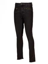 Pantalón de jeans negro de tiro medio, corte skinny, con bolsillos delanteros con cierre y ruedo desflecado.