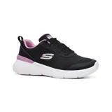 Championes deportivos Skechers Skech-Air Dynamight 2.0, color negro con detalles en lila y logo "S" en el lateral. Capellada de malla con superposiciones sintéticas, plantilla Memory Foam y entresuela Skech-Air con cámara de aire visible.