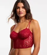 Corset rojo de encaje floral sin copa, con breteles dobles ajustables y varillas internas.