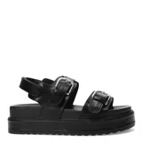 Sandalias negras con plataforma, tiras anchas de cuero sintético y hebillas plateadas.