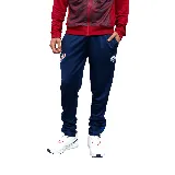 Pantalón deportivo azul marino con detalles en blanco, corte ajustado, bolsillos laterales con cierre y logo de la marca en la pierna izquierda.