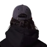 Gorra de visera plana color gris con logo estampado en negro y bordado de la marca en rojo.