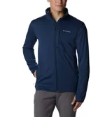 Campera polar Columbia Park View Fleece, color azul jaspeado, con cierre frontal completo, cuello alto, bolsillos laterales con cierre y bolsillo en el pecho con cierre vertical en color verde lima. Cuenta con tecnología Omni-Wick, puños elásticos con orificios para pulgares y protector de barbilla.