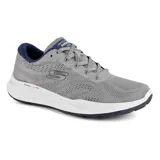 Championes Skechers Relaxed Fit Equalizer 5.0, color gris con detalles en azul marino y blanco. Capellada de malla técnica y material sintético, plantilla Skechers Air-Cooled Memory Foam y suela de doble densidad.