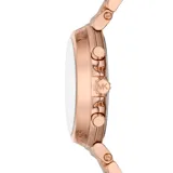 Reloj Michael Kors modelo Maren, color oro rosa, con caja redonda de 40mm, cronógrafo, indicador de fecha y pulsera de acero inoxidable con cierre plegable.