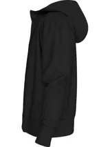 Buzo negro con capucha, cierre frontal completo, bolsillos laterales y cinta con logo de Calvin Klein en los hombros.