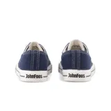 Zapatillas bajas John Foos modelo 182, color azul marino, con capellada de lona, forrería de algodón blanco, plantilla extraíble de caucho moldeado, cordones de algodón blanco y suela de caucho vulcanizado.