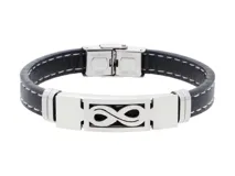 Pulsera negra de cuerina con detalle en acero inoxidable con diseño infinito.