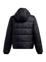 Campera puffer negra Under Armour con capucha y logo en el pecho. Diseño acolchado y cierre frontal con cremallera.