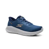 Championes deportivos Skechers Hands Free Slip-ins Go Walk Now - Payton, color azul con logo naranja en el lateral y suela blanca.