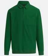 Buzo verde de algodón para hombre, modelo comfort con cuello polo con cremallera, mangas largas, bolsillo frontal y puños ajustados.