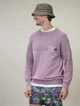 Sweater lila de algodón con cuello redondo y manga larga.