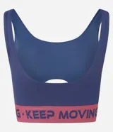 Top deportivo negro de microfibra con breteles anchos, copas desmontables, recorte cut-out en el busto y banda elástica con estampado de letras "Keep Moving".
