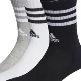 Pack de tres pares de medias Adidas de largo medio, con tres rayas horizontales y logo de la marca.