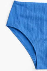 Bombacha de bikini tiro alto color azul eléctrico, con textura arrugada y cobertura media.