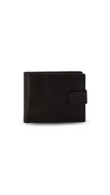Billetera de cuero color marrón oscuro con presilla y broche a presión. Cuenta con un interior con volante superior y visor, doble compartimento para billetes, tarjeteros, bolsillos y monedero con cierre.