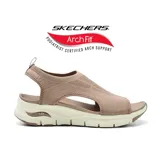 Sandalias deportivas Skechers Arch Fit City Catch color marrón claro, con capellada tejida elástica, plantilla Arch Fit contorneada con soporte de arco certificado por podólogos y suela de tracción flexible.