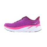 Championes Hoka Clifton 8 para mujer, color celeste con detalles en naranja y blanco.