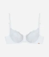 Soutien blanco de encaje con aro, breteles ajustables y cierre en la espalda.