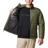 Campera puffer verde militar para hombre, marca Columbia, modelo Powder Lite II. Cuenta con cierre frontal, cuello alto, bolsillos laterales con cierre y logo de la marca bordado en el pecho.