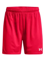Short deportivo Under Armour Golazo 3.0 para mujer, color rojo con logo blanco en la pierna izquierda.