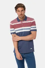 Remera polo a rayas horizontales en tonos bordó, blanco y azul. Con botones personalizados y logo bordado en el pecho.