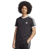 Remera de manga corta Adidas modelo 3-Stripes, color negro con cuello y puños blancos, logo bordado en el pecho y las tres rayas características en blanco sobre los hombros.