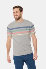 Remera de manga corta color gris jaspeado con cuello redondo y un patrón de rayas horizontales anchas en tonos pastel (azul, verde menta, rosado y amarillo). Presenta un pequeño logo bordado en el pecho.