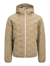 Campera híbrida color caqui, ligera e impermeable, con capucha, cierre frontal con cremallera, mangas largas con puños elásticos y bolsillos frontales con cierre.