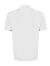 Chomba azul marino de piqué de algodón pima peruano, con cuello clásico, tapeta de dos botones blancos, mangas cortas con ribete rosa y logo de la marca bordado en el pecho.
