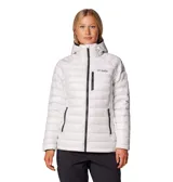 Campera Columbia modelo Arctic Crest, color blanco, con capucha y cierre frontal completo. Cuenta con tecnología Omni-Heat™ Arctic para mayor abrigo y Omni-Shield™ para repeler la humedad.