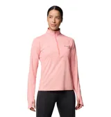 Remera deportiva de manga larga Columbia Summit Valley, color rosa claro con cierre de media cremallera en el cuello y logo de la marca en el pecho. Confeccionada en tejido de secado rápido y protección solar.