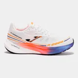 Championes de running Joma modelo R-2000 para hombre, color blanco con detalles en naranja, azul y negro. Presentan tecnologías FLY Performance Running y FLY REACTIVE en la suela.