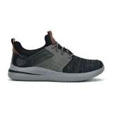 Championes Skechers Delson 3.0 Cicada, color negro con detalles en gris y marrón. Zapatilla Oxford slip-on con parte superior de malla de knit ligera y de material sintético liso con cordones elásticos en la parte delantera y plantilla SKECHERS Air Cooled Memory Foam con amortiguación.