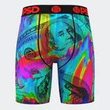 Calzoncillos bóxer estampados con billetes de 100 dólares en colores vibrantes, con pretina elástica negra con logo PSD en rojo.