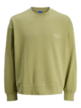 Buzo verde oliva de manga larga con fit oversize y cuello redondo. Estampa en la espalda con impresión de goma de tacto suave con la frase "Dept. Originals" y el dibujo de una ventana con flores. Confeccionado en tejido loop back sin cepillar.