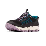 Zapatillas de trekking Columbia Flow Fremont, color negro con detalles en turquesa y lila.