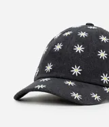Gorra negra con estampado de margaritas blancas y amarillas, de algodón.