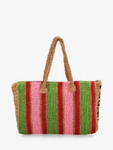Bolso tipo tote de paja con diseño a rayas verticales en colores rosa, verde y rojo. Tiene asas de mano de soga color beige.