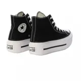 Championes Converse Chuck Taylor All Star Lift de caña alta, color negro con detalles en blanco, plataforma con doble suela y cordones blancos.
