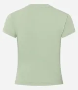 Remera negra de rib de algodón, con cuello redondo y mangas cortas. Corte ajustado y largo a la cadera.